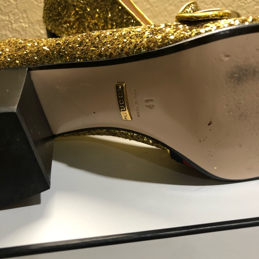 Gucci Glitter Gold Loafers with Red Heart and Blue Stripe - Picture 9 of 11